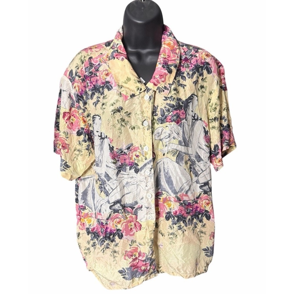 Wayne Rogers 100% Silk Floral Art Print Button Up Blouse Shirt Womens S
